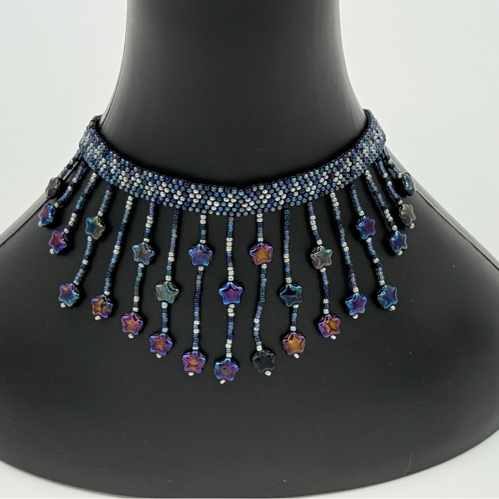 Iridescent Blue, Silver, and Purple Star Hand-Beaded Choker Necklace 13.5”